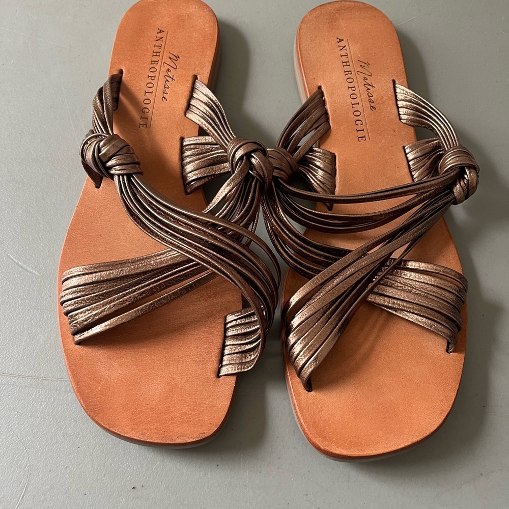 Anthropologie Metallic Brown Strappy Knotted Slide Sandals